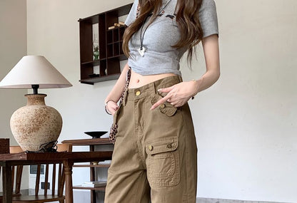 Mid Rise Plain Panel Flared Cargo Pants (Various Designs)
