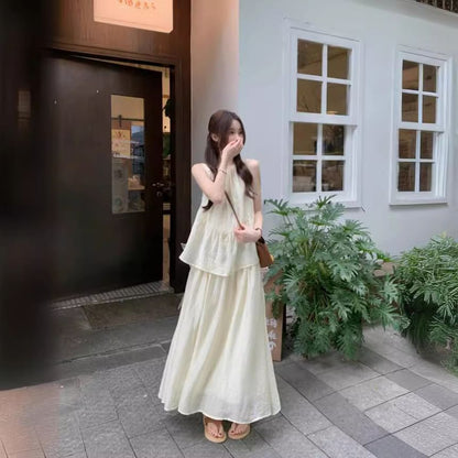 Mock Two Piece Round Neck Sleeveless A-Line Dress