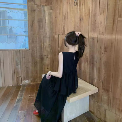 Mock Two Piece Round Neck Sleeveless A-Line Dress