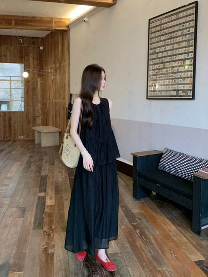 Mock Two Piece Round Neck Sleeveless A-Line Dress