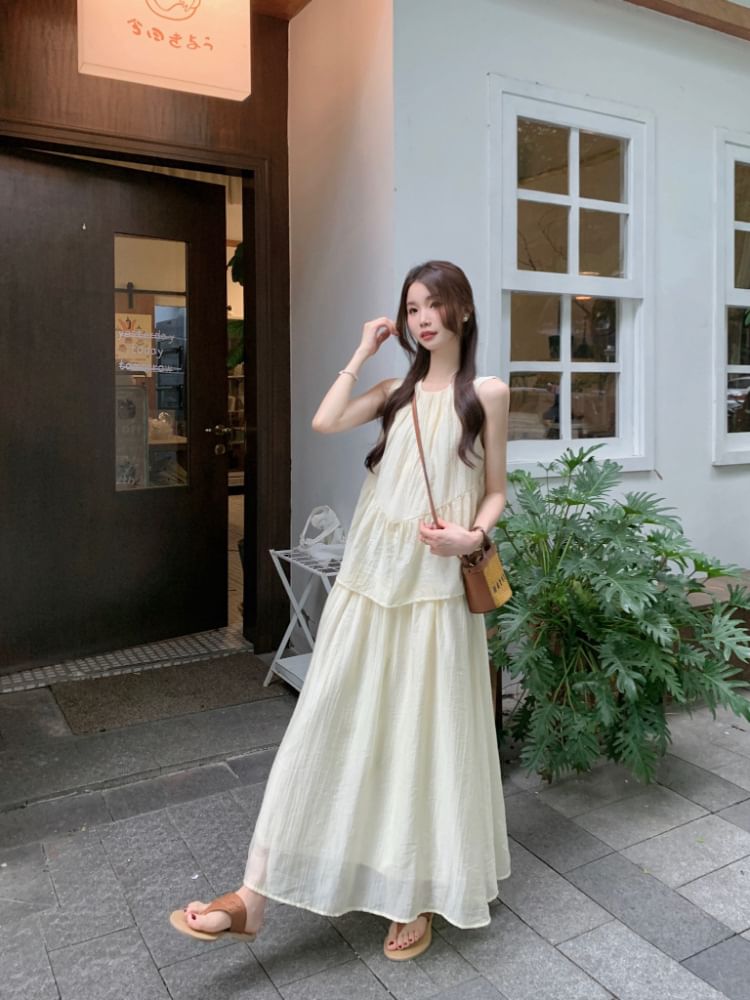 Mock Two Piece Round Neck Sleeveless A-Line Dress