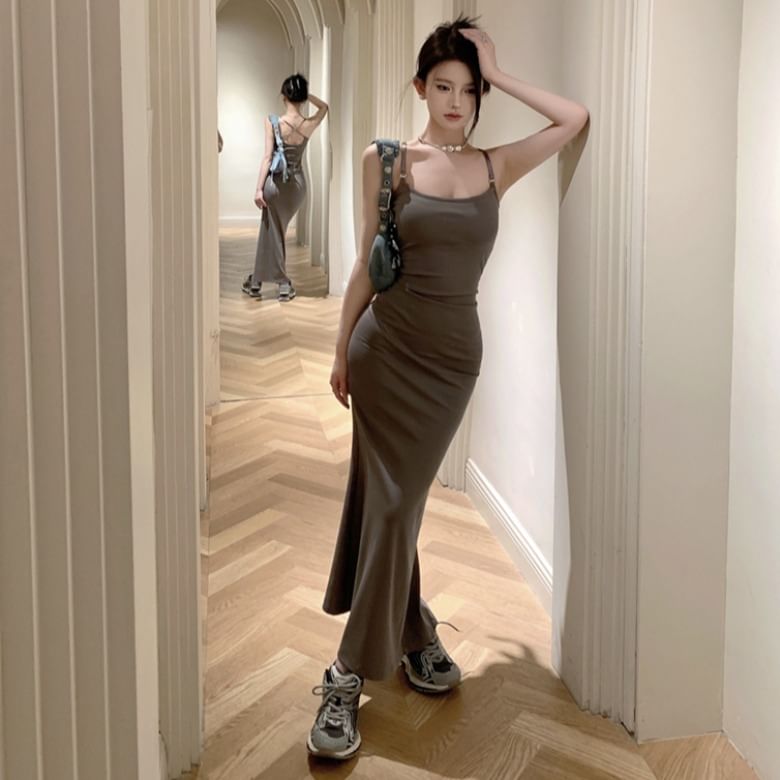 Ruched Scoop Neck Spaghetti Strap Mermaid Dress