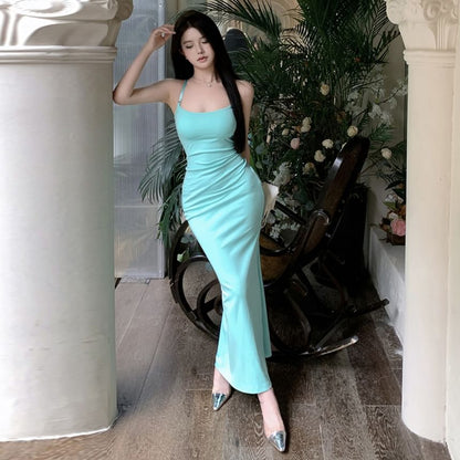 Ruched Scoop Neck Spaghetti Strap Mermaid Dress