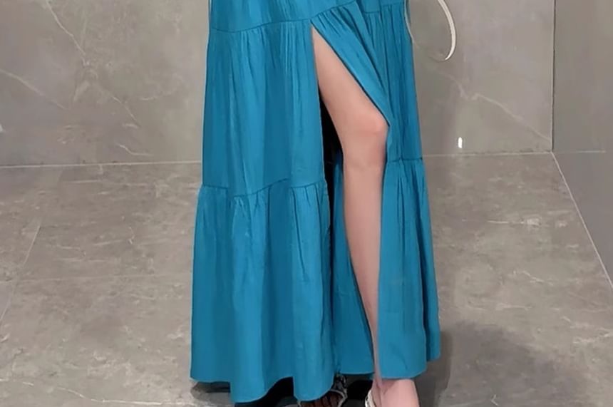 Tiered Slit V-Neck Sleeveless A-Line Maxi Dress