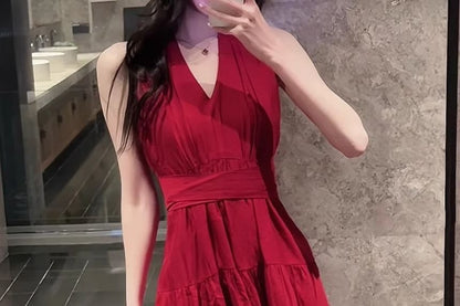 Tiered Slit V-Neck Sleeveless A-Line Maxi Dress