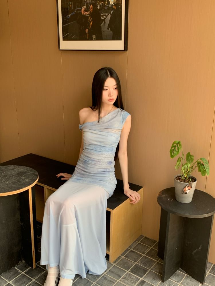 One Shoulder Tie-Dye Top and A-Line Maxi Dress Set