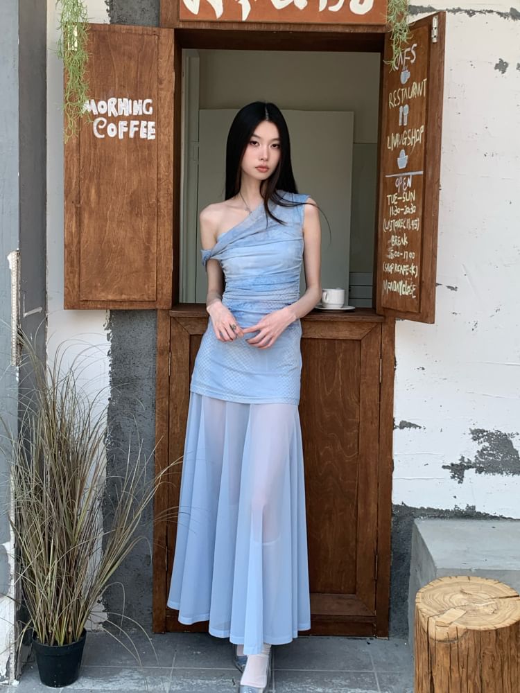 One Shoulder Tie-Dye Top and A-Line Maxi Dress Set