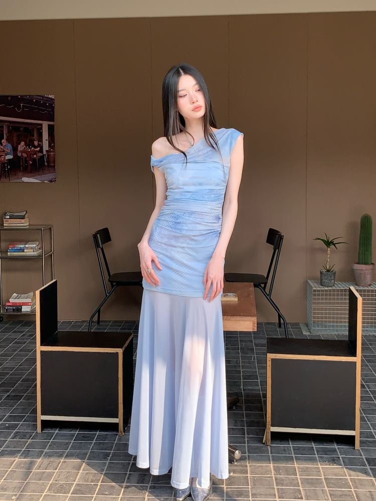 One Shoulder Tie-Dye Top and A-Line Maxi Dress Set