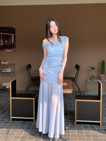 One Shoulder Tie-Dye Top and A-Line Maxi Dress Set