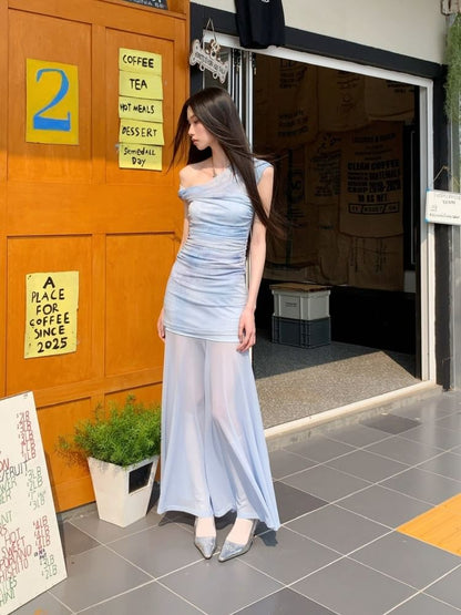 One Shoulder Tie-Dye Top and A-Line Maxi Dress Set