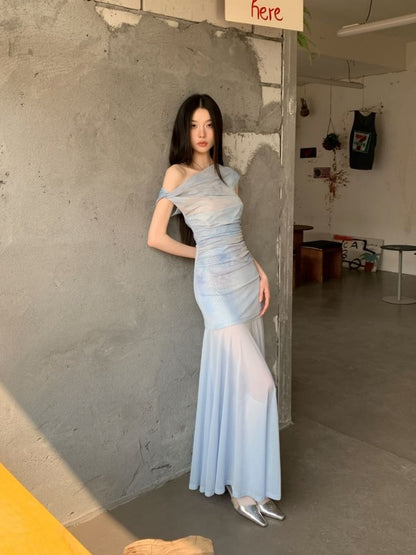 One Shoulder Tie-Dye Top and A-Line Maxi Dress Set