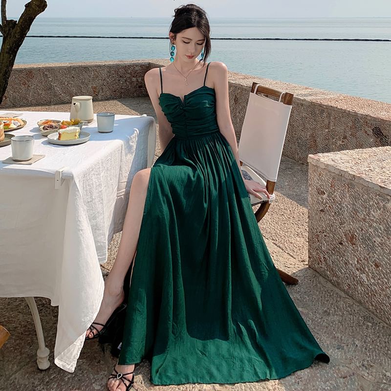 Ruched Slit Plain Spaghetti Strap A-Line Dress
