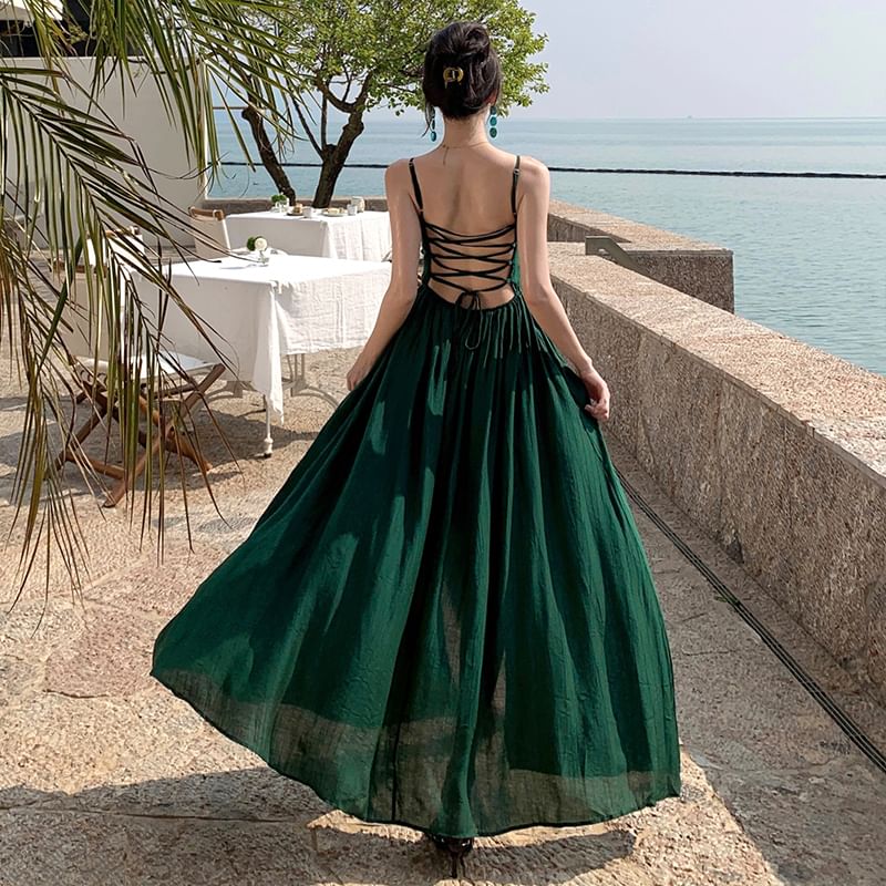 Ruched Slit Plain Spaghetti Strap A-Line Dress