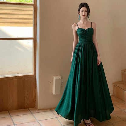 Ruched Slit Plain Spaghetti Strap A-Line Dress