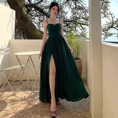 Ruched Slit Plain Spaghetti Strap A-Line Dress