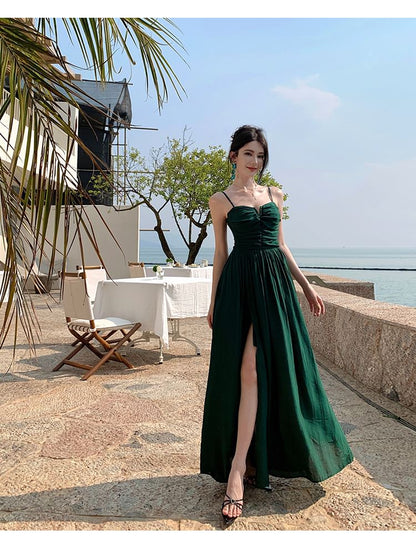 Ruched Slit Plain Spaghetti Strap A-Line Dress