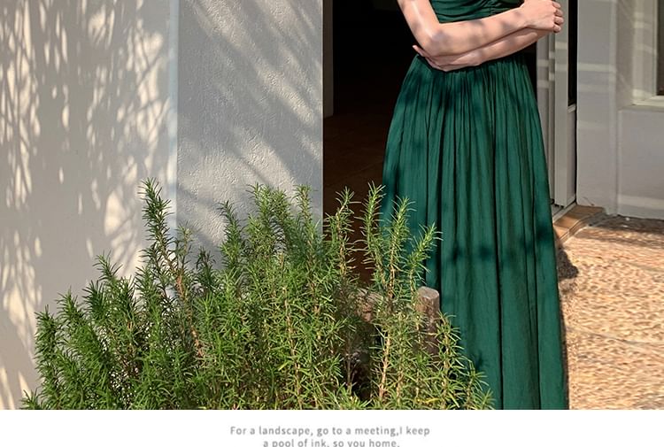 Ruched Slit Plain Spaghetti Strap A-Line Dress