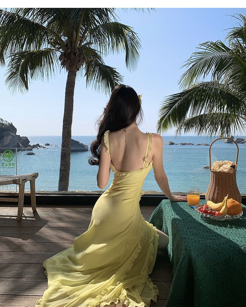 Ruffle Trim Open Back V-Neck Spaghetti Strap Bodycon Dress