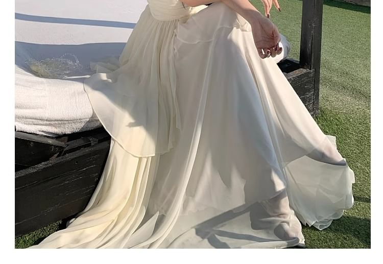Layered Open Back V-Neck Plain A-Line Maxi Dress