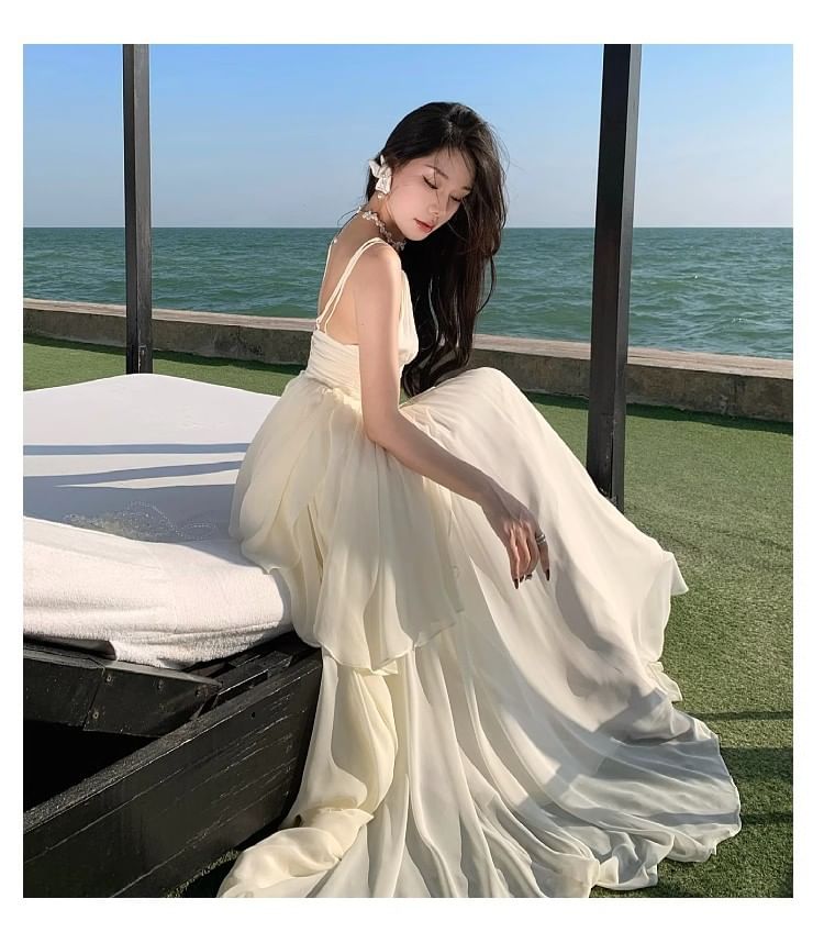 Layered Open Back V-Neck Plain A-Line Maxi Dress