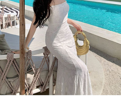 Jacquard Open Back Spaghetti Strap Mermaid Dress