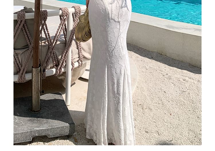 Jacquard Open Back Spaghetti Strap Mermaid Dress