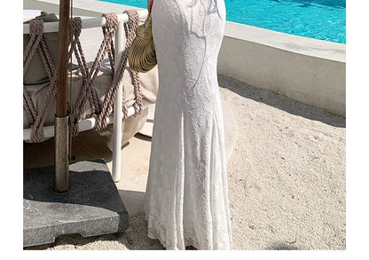 Jacquard Open Back Spaghetti Strap Mermaid Dress