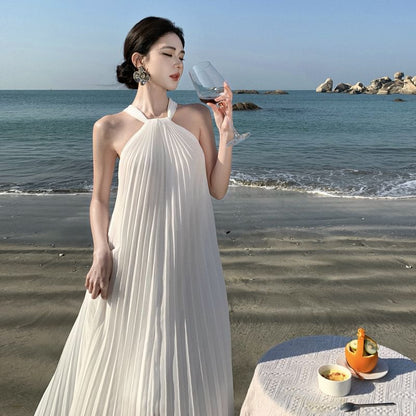 Plain Halter Neck Accordion Pleated Maxi Sundress