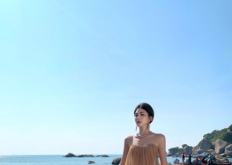 Sequin Mesh Panel Ruched Strapless Sundress