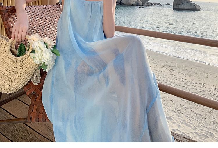 Asymmetrical Sheer Open Back Tie Dye Spaghetti Strap Dress