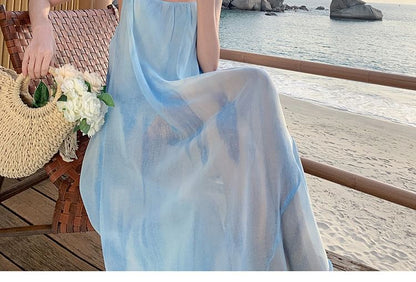 Asymmetrical Sheer Open Back Tie Dye Spaghetti Strap Dress