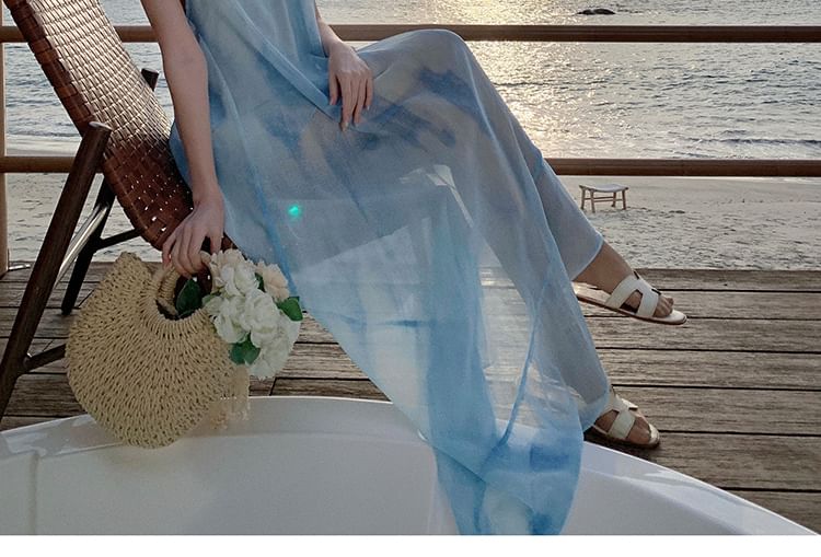 Asymmetrical Sheer Open Back Tie Dye Spaghetti Strap Dress