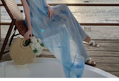 Asymmetrical Sheer Open Back Tie Dye Spaghetti Strap Dress
