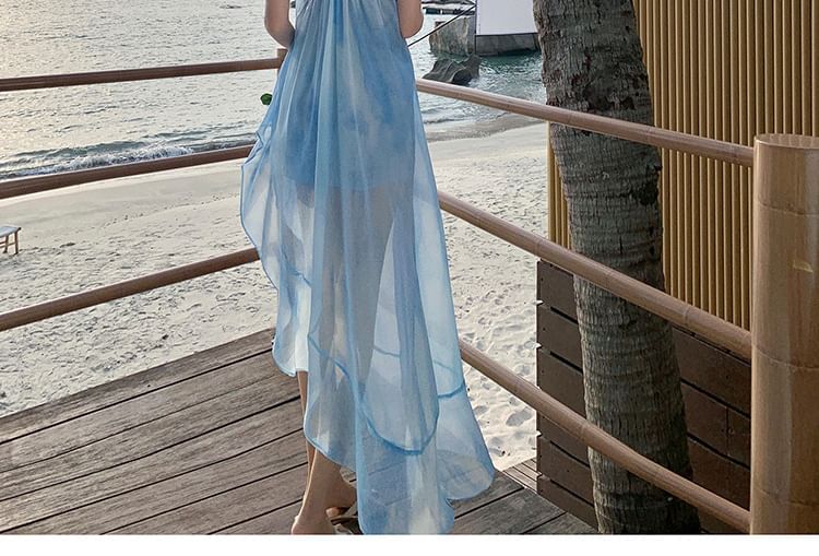 Asymmetrical Sheer Open Back Tie Dye Spaghetti Strap Dress