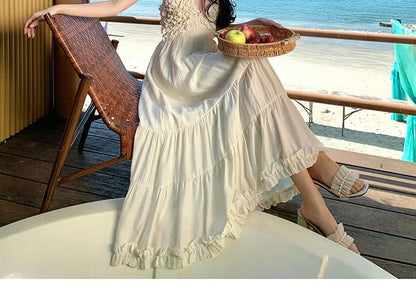 Plunge Frill Trim Open Back V-Neck A-Line Maxi Dress