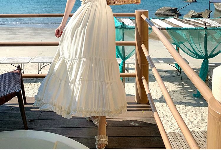 Plunge Frill Trim Open Back V-Neck A-Line Maxi Dress
