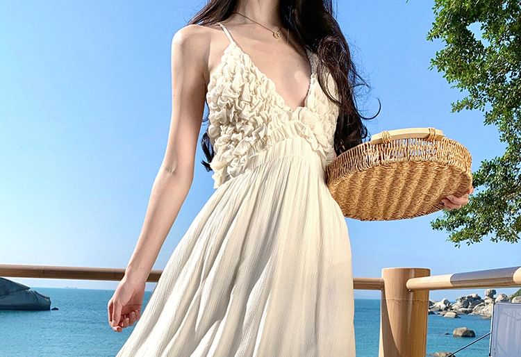 Plunge Frill Trim Open Back V-Neck A-Line Maxi Dress
