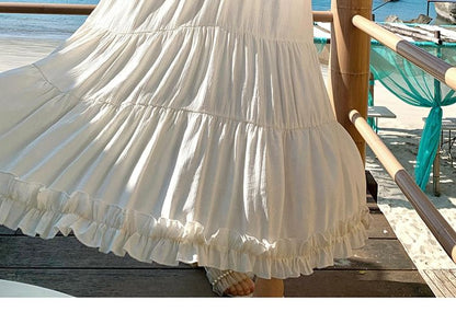 Plunge Frill Trim Open Back V-Neck A-Line Maxi Dress