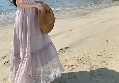 V-Neck Lace Panel A-Line Maxi Dress with Tie Front