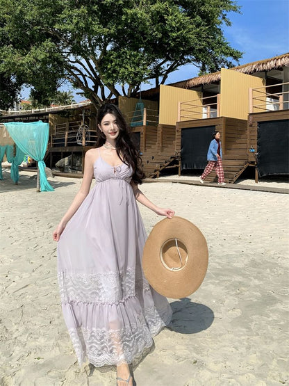 V-Neck Lace Panel A-Line Maxi Dress with Tie Front