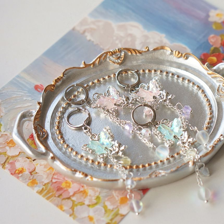 Earring Clip-On Sterling 925 Butterfly Drop Silver Bead /