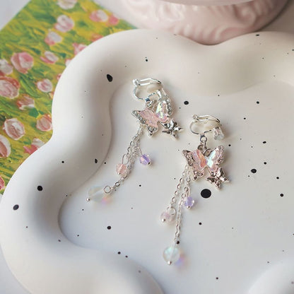 Earring Clip-On Sterling 925 Butterfly Drop Silver Bead /