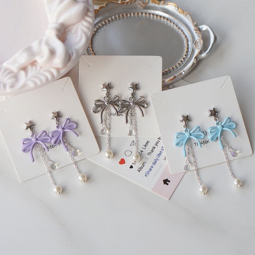 Clip-On / Pearl Drop Silver Faux Sterling 925 Bow Earring