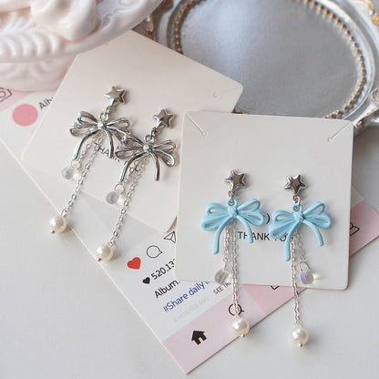 Clip-On / Pearl Drop Silver Faux Sterling 925 Bow Earring