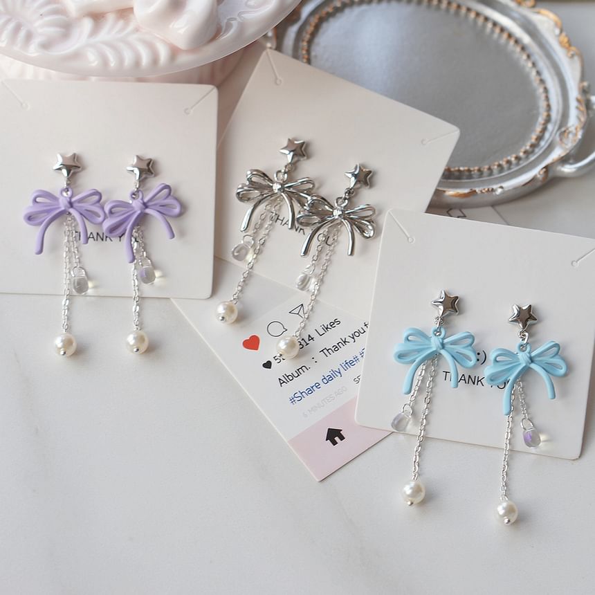 Clip-On / Pearl Drop Silver Faux Sterling 925 Bow Earring