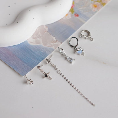 Set Drop Dangle Silver Rhinestone 6: Earring Sterling + 925 Huggie of