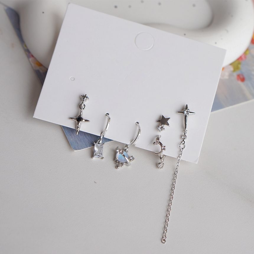 Set Drop Dangle Silver Rhinestone 6: Earring Sterling + 925 Huggie of