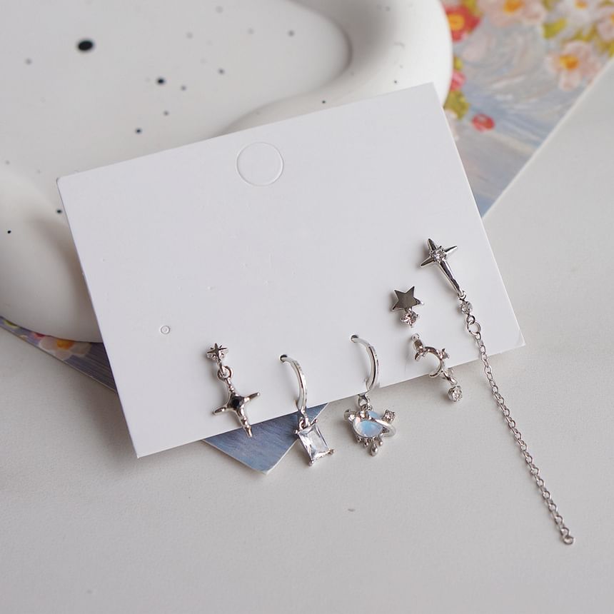 Set Drop Dangle Silver Rhinestone 6: Earring Sterling + 925 Huggie of