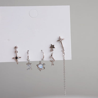 Set Drop Dangle Silver Rhinestone 6: Earring Sterling + 925 Huggie of