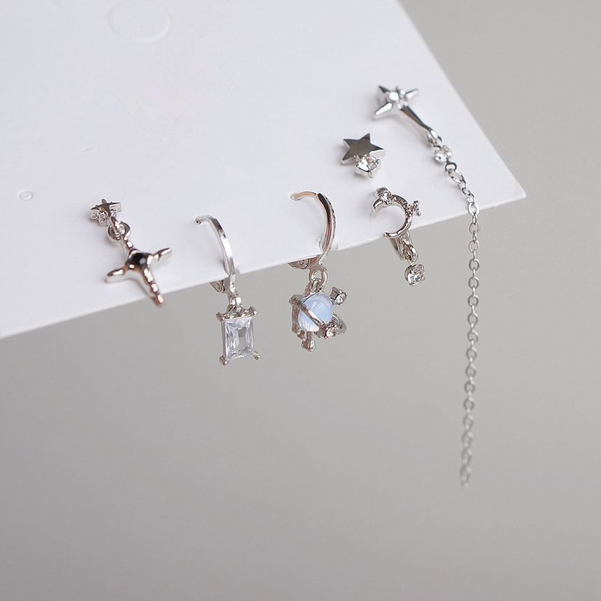 Set Drop Dangle Silver Rhinestone 6: Earring Sterling + 925 Huggie of